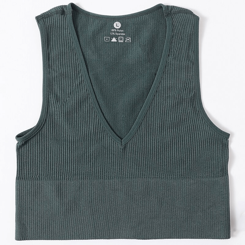 Women's Ribbed Seamless Deep V-neck Tank Top, polyester and spandex blend, perfect for yoga, running, and dancing - SF0034